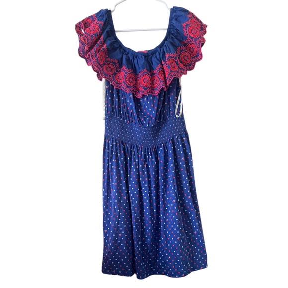 lilly pulitzer Off-Shoulder Blue Polka Dot Dress with Pink Ruffle Size M - Picture 3 of 8